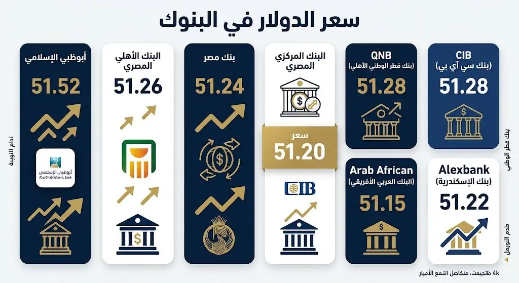 إنفوجرافيك مالي يوضح تباين أسعار صرف الدولار الأميركي في عدد من البنوك المصرية، مبرزاً أعلى وأقل الأسعار.