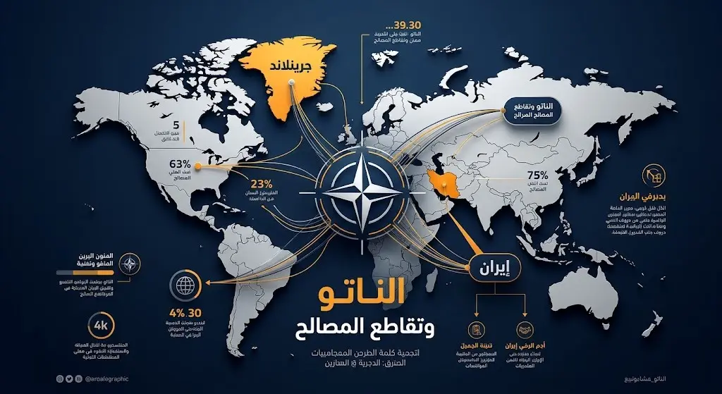 تصميم إنفوجرافيك احترافي يوضح التوترات السياسية والجغرافية داخل حلف الناتو بشأن جرينلاند وإيران، مع خريطة ثلاثية الأبعاد وعناوين عربية توضيحية.