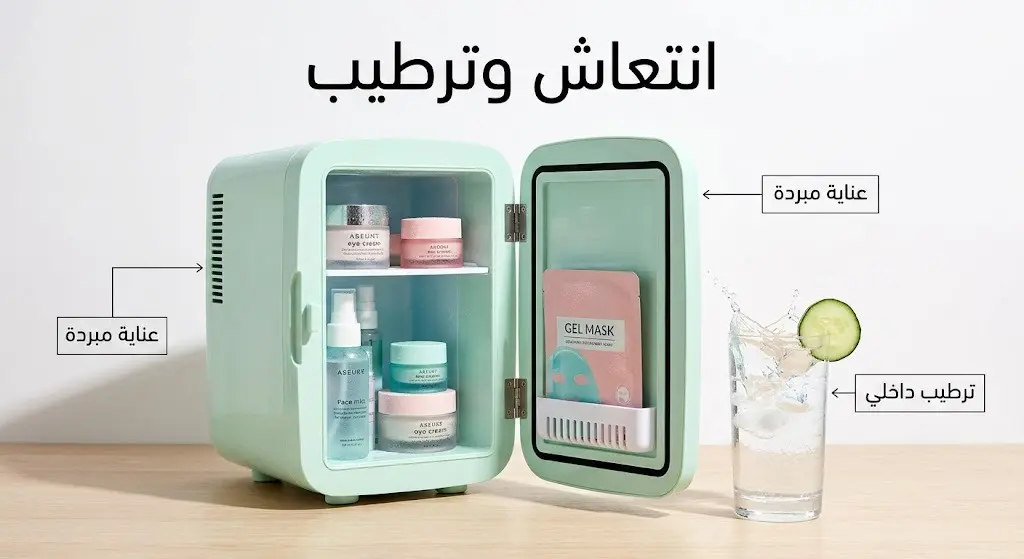 صورة تبرز ثلاجة تجميل صغيرة تحتوي على مستحضرات عناية بالبشرة بجوار كأس ماء مثلج، لتمثيل أهمية الترطيب الخارجي والداخلي.