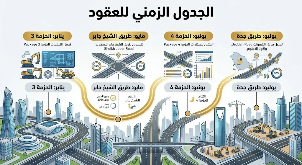 رسم بياني يوضح التسلسل الزمني لإرساء عقود مشاريع الطرق بمدينة الرياض خلال عام 2026