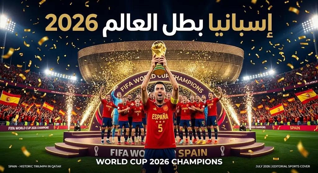 تصميم فني احتفالي يبرز لحظة تتويج المنتخب الإسباني بلقب كأس العالم 2026 وسط الكنفيتي الذهبي