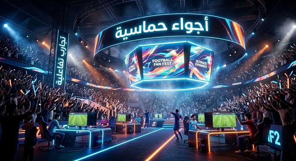 مشهد حيوي يجسد تفاعل المشجعين داخل الأرينا أمام الشاشات العملاقة وفي مناطق الألعاب الإلكترونية