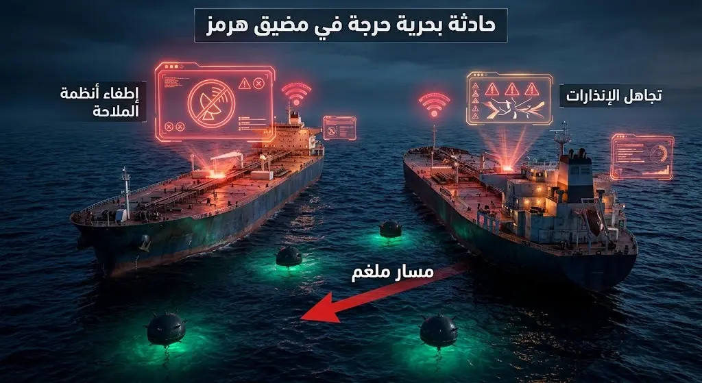 رسم توضيحي ثلاثي الأبعاد يظهر مسار ناقلتي النفط في مضيق هرمز، وتجاهل الإنذارات الملاحية ودخول حقل الألغام.