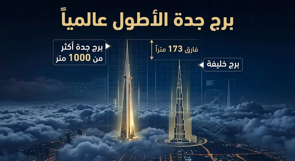 إنفوجرافيك مقارنة يوضح التفوق المعماري لبرج جدة وتجاوزه لارتفاع برج خليفة ليكون الأطول في العالم.
