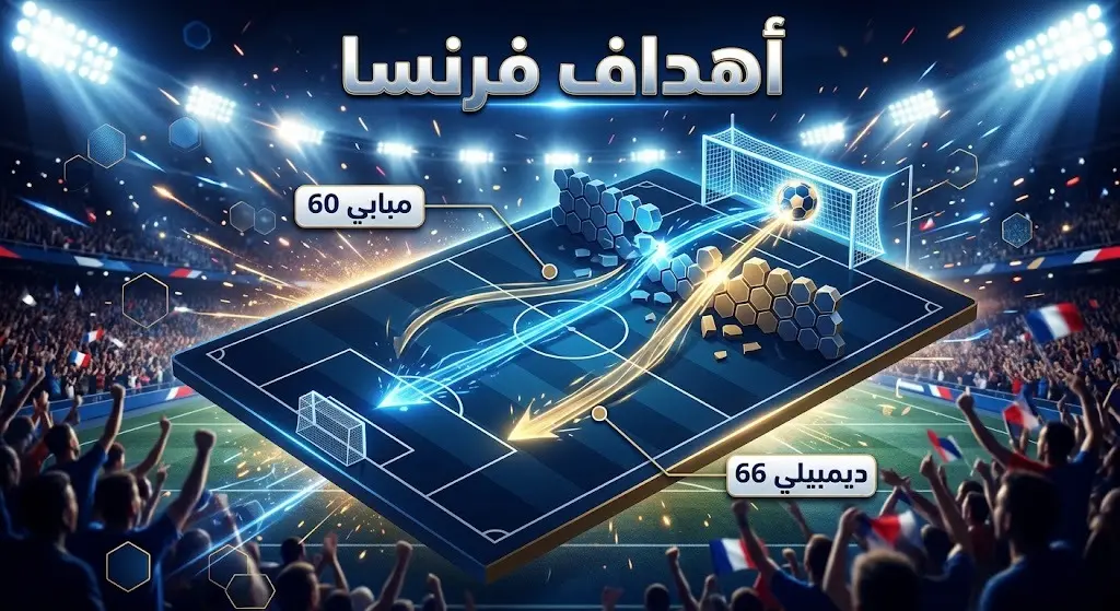 تصميم فني يوضح تفاصيل اختراق الدفاع المغربي وتسجيل المنتخب الفرنسي لهدفين متتاليين.