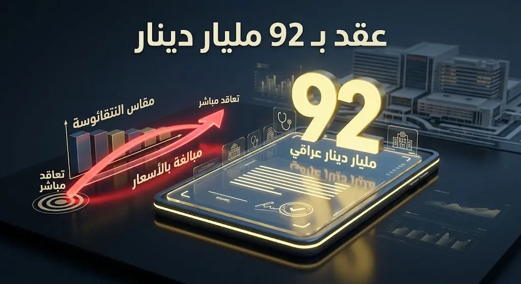 إنفوجرافيك مالي يوضح التجاوزات وغياب المنافسة السعرية في عقد مستشفى القوة الجوية البالغ 92 مليار دينار.