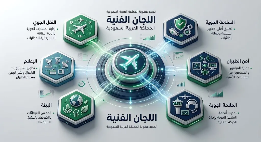 إنفوجرافيك احترافي يستعرض اللجان الفنية الست التي جُددت عضوية المملكة العربية السعودية فيها داخل المنظمة العربية للطيران المدني