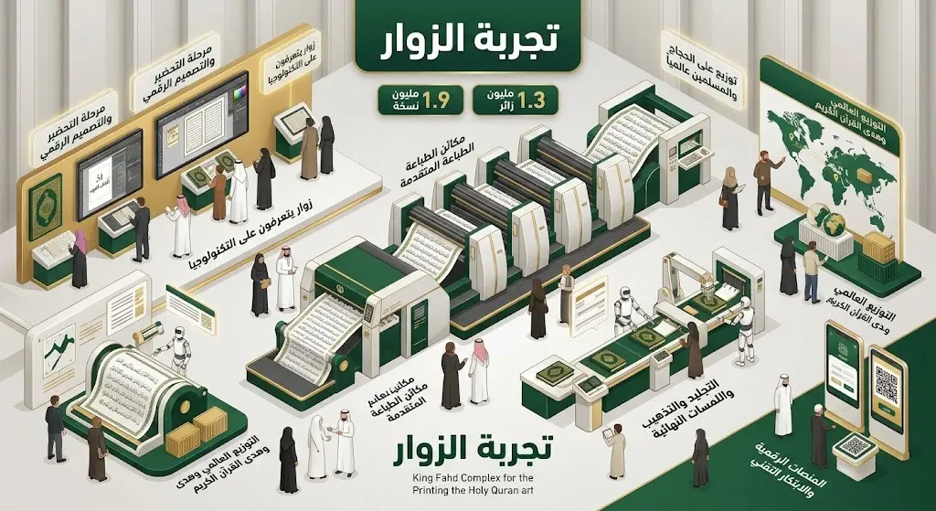 تصميم بياني يبرز تجربة زوار مجمع الملك فهد لطباعة المصحف الشريف، متضمناً إحصائيات الزوار المليونية والإصدارات الموزعة.