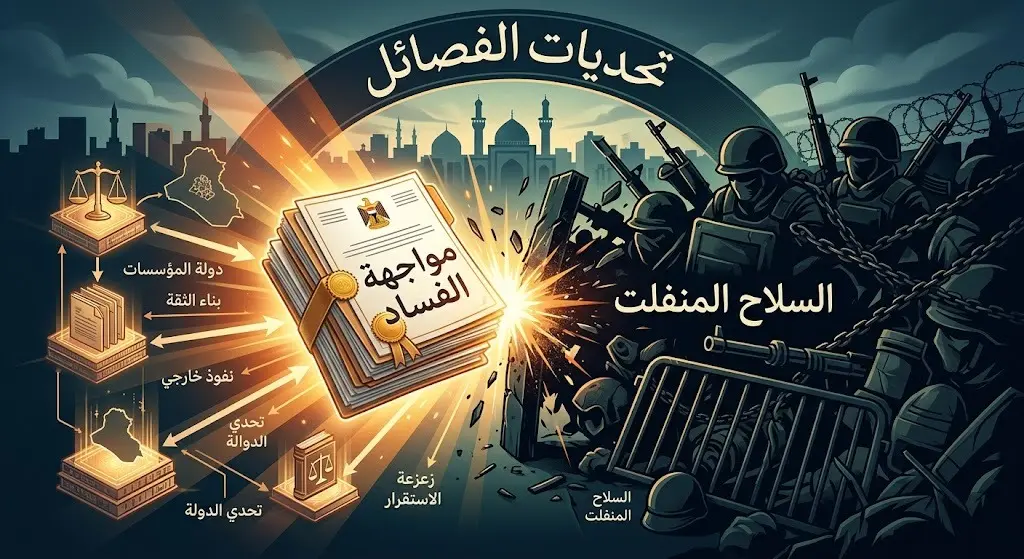 تصميم إنفوجرافيك تعبيري يجسد اصطدام جهود الإصلاح ومكافحة الفساد بحاجز الفصائل المسلحة والسلاح المنفلت، مع نصوص عربية توضيحية.