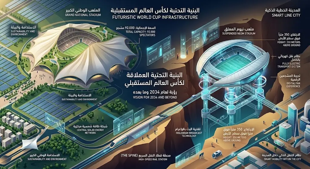 إنفوجرافيك يستعرض تصاميم الملاعب المستقبلية المبتكرة وتوزيعها الجغرافي ضمن المدن المستضيفة.