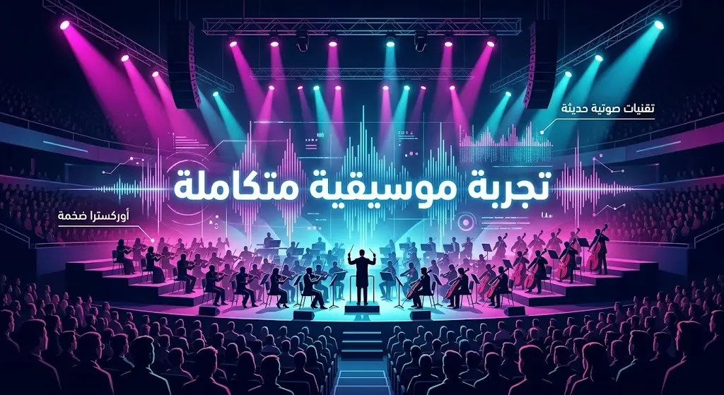 تصميم بصري إبداعي يدمج بين إضاءة المسرح الحديثة وتوزيع الأوركسترا ليعكس الأجواء الموسيقية الفخمة لحفل أحلام.