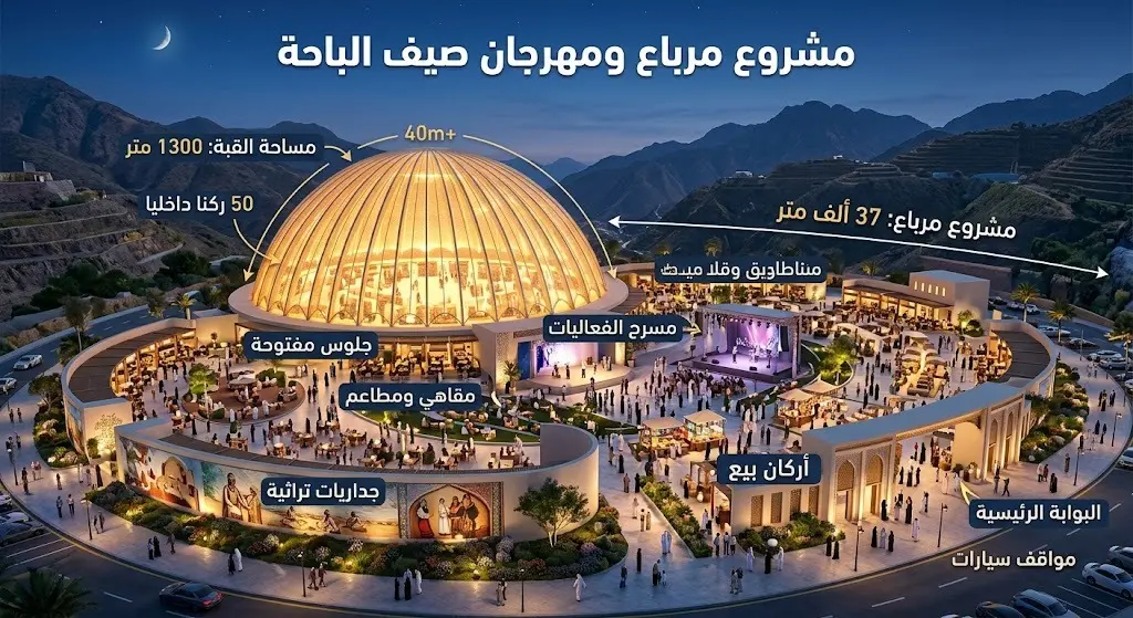 إنفوجرافيك ثلاثي الأبعاد يستعرض تجهيزات مشروع مرباع وقبة مهرجان الباحة الصيفي بمساحاتها الشاسعة وأرقامها.