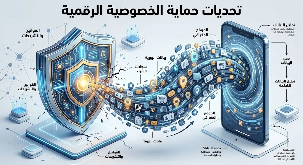 إنفوجرافيك يوضح تدفق البيانات الهائل من الهواتف الذكية وتحديات تطبيق قوانين حماية الخصوصية الرقمية.