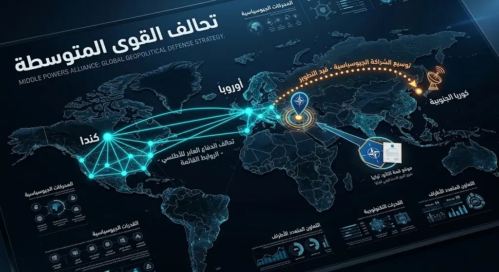 خريطة تفاعلية توضح مسارات التحالف الاستراتيجي لبنك الدفاع بين كندا والدول الأوروبية مع إمكانية انضمام كوريا الجنوبية.