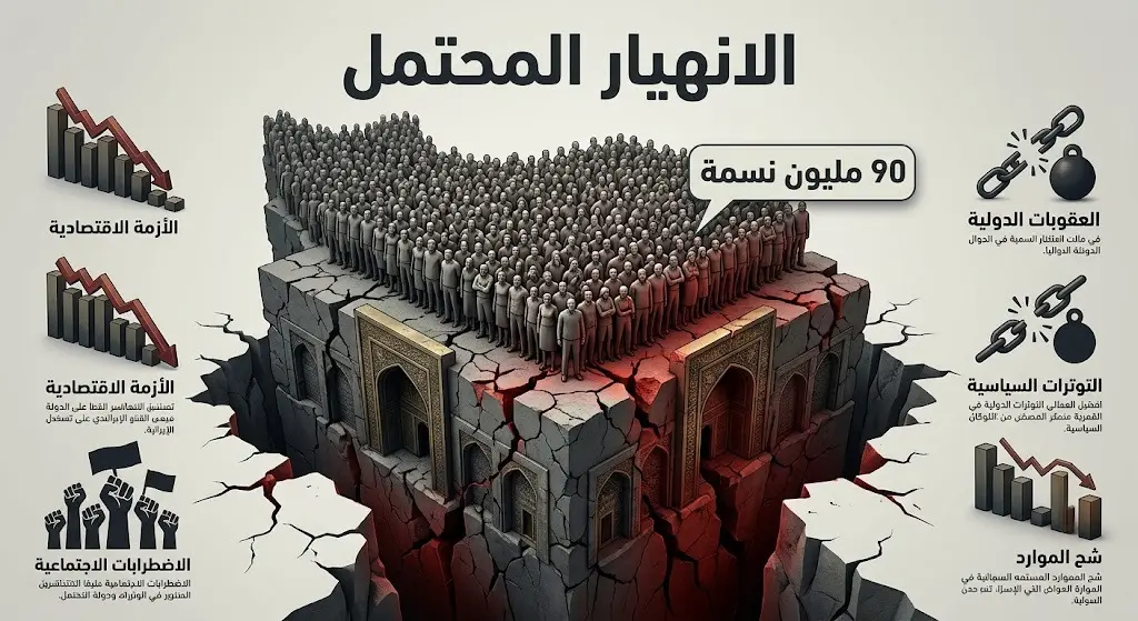 تصميم غرافيكي يعبر عن تحديات الانهيار المحتمل للدولة الإيرانية وتأثير ذلك على كتلة ديموغرافية ضخمة.