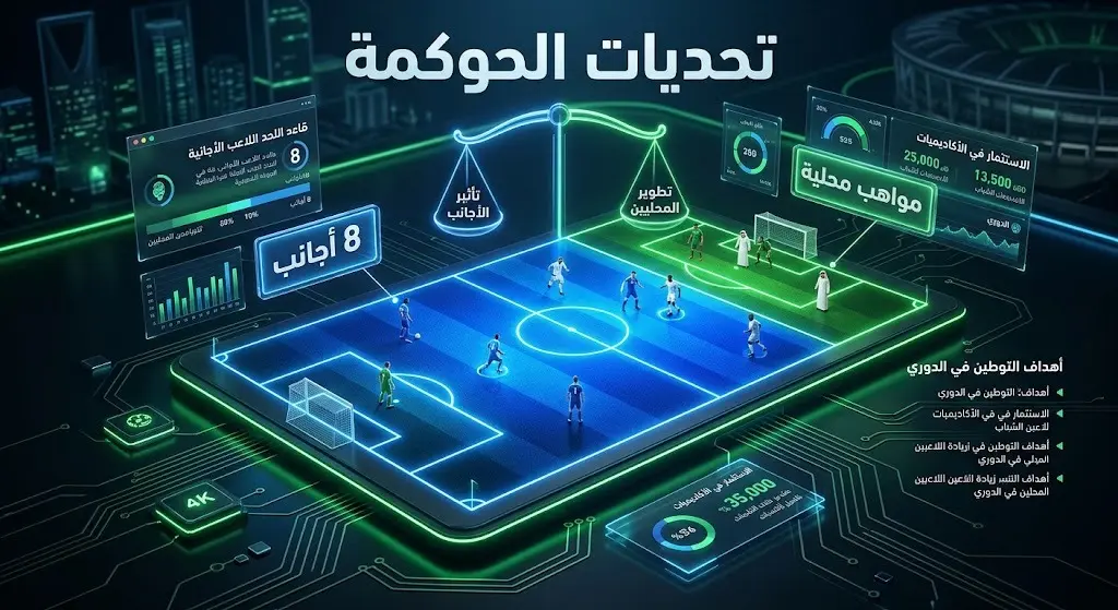 تصميم إنفوجرافيك ثلاثي الأبعاد يوضح تفاوت مساحات المشاركة بين اللاعبين الأجانب والمحليين في تشكيلات أندية كرة القدم
