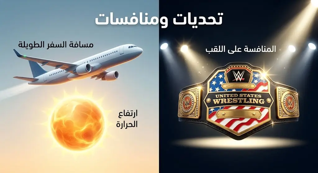 إنفوجرافيك مقارنة بصري يستعرض تحديات السفر والمناخ التي تواجه نجوم المصارعة مقابل بريق المنافسة على الألقاب الكبرى.