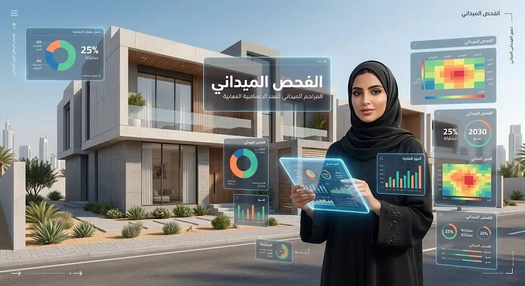 مسوقة عقارية سعودية تقف أمام عقار حديث وتقوم بفحصه ميدانياً باستخدام جهاز لوحي يعرض إحصائيات السوق