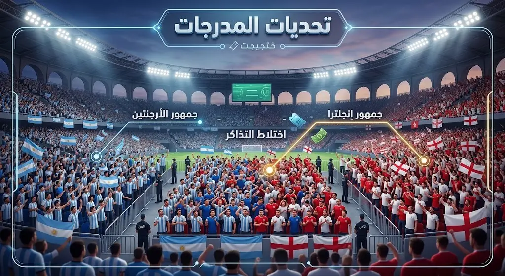 تصميم بصري يوضح تداخل مقاعد مشجعي إنجلترا والأرجنتين في مدرجات ملعب المباراة وصعوبة الفصل بينهم.