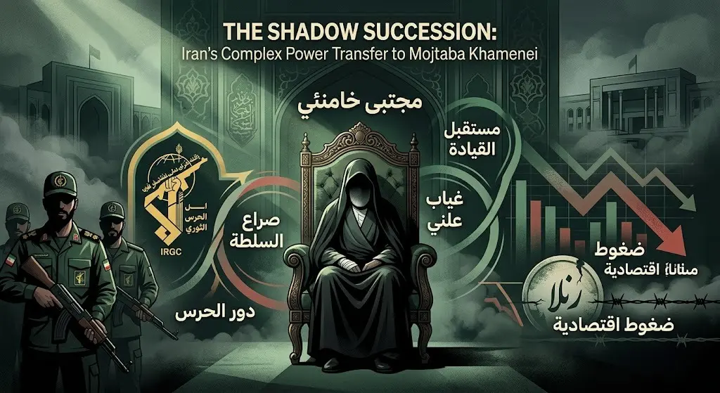 تصميم تحليلي يجسد انتقال السلطة في إيران إلى مجتبى خامنئي وسط تحديات غيابه العلني ودعم الحرس الثوري.