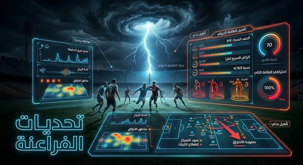 تصميم بصري درامي يبرز التحديات البدنية والفنية لمنتخب مصر، متضمناً العواصف الرعدية التي عطلت التدريبات.