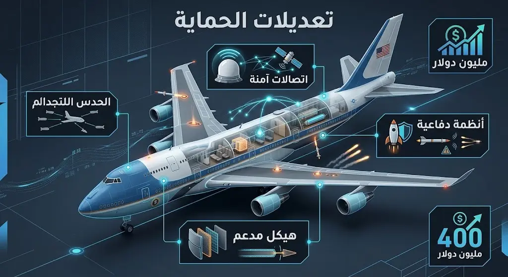 إنفوجرافيك فني يستعرض التعديلات الأمنية والدفاعية المتقدمة على طائرة بوينج 747 الرئاسية وتكلفتها البالغة 400 مليون دولار.