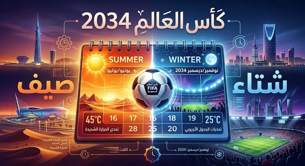 تصميم إبداعي يوضح تحديات جدولة كأس العالم 2034 والمفاضلة بين إقامته صيفاً أو شتاءً