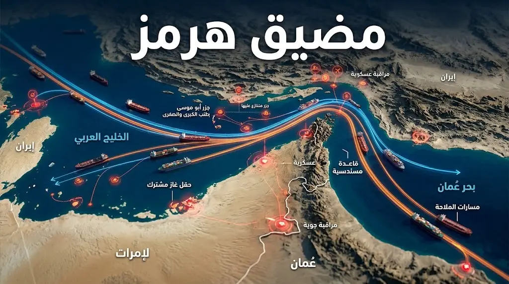تصميم إنفوجرافيك ثلاثي الأبعاد يوضح خريطة مضيق هرمز ومسارات الملاحة البحرية للسفن التجارية، مع إبراز الأهمية الاستراتيجية للمنطقة بنصوص عربية واضحة.