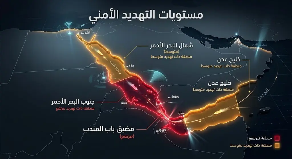 خريطة إنفوجرافيك توضح مستويات التهديد الأمني في البحر الأحمر ومضيق باب المندب وتصنيفها بين مرتفع ومتوسط.