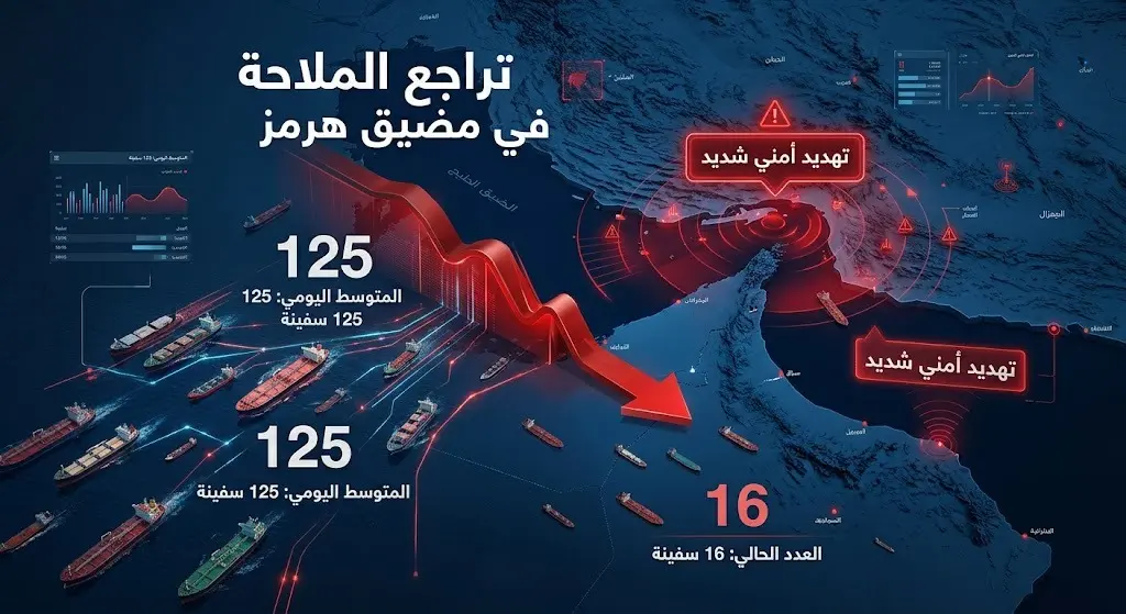 إنفوجرافيك يوضح التقييم الأمني الشديد وتراجع حركة السفن اليومية في مضيق هرمز من 125 إلى 16 سفينة.