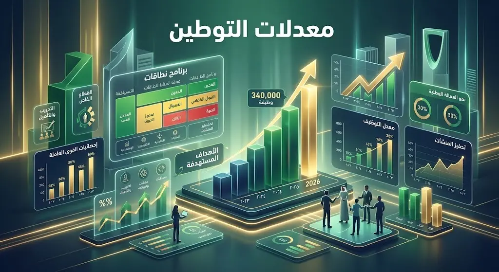 رسم بياني معلوماتي عصري يوضح أهداف برنامج نطاقات المطور لعام 2026، مع أسهم تصاعدية وأرقام تبرز توفير 340 ألف وظيفة وتطبيق أعلى معدلات التوطين في سجلات المنشآت.