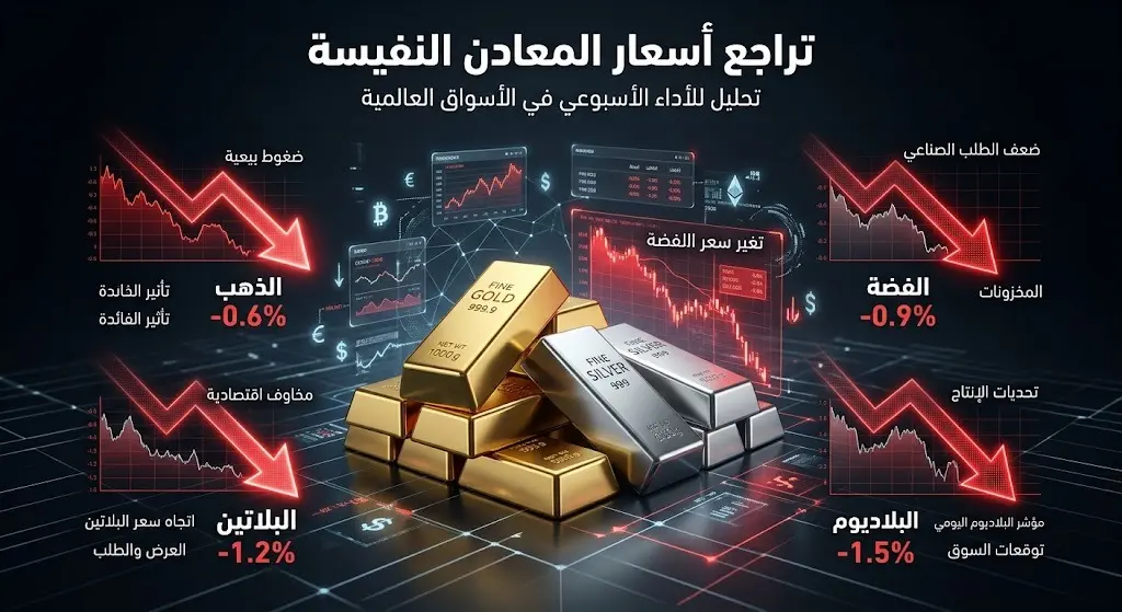 تصميم إنفوجرافيك مالي يوضح تراجع أسعار المعادن النفيسة مثل الذهب والفضة والبلاتين مع أسهم حمراء تشير للانخفاض المؤثر.