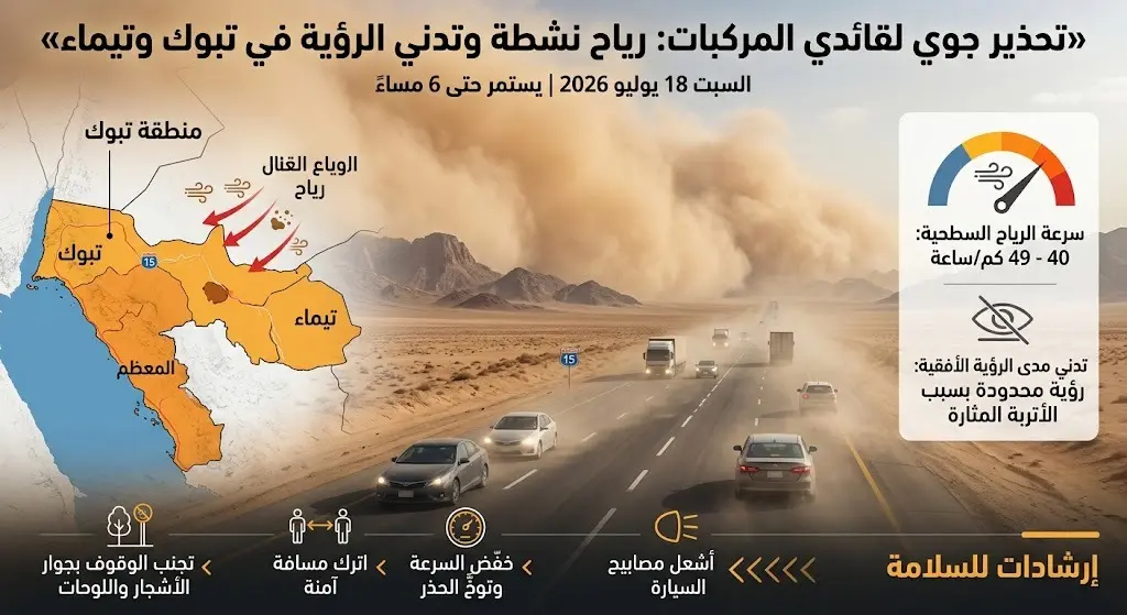 تحذير جوي لقائدي المركبات في تبوك وتيماء بسبب رياح نشطة تستمر حتى السادسة مساء