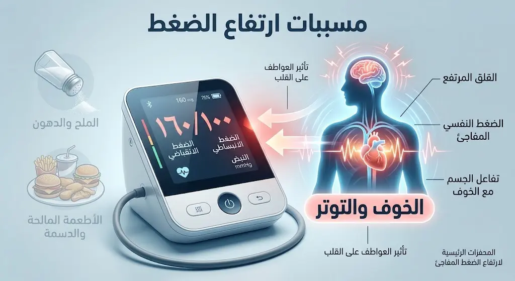 إنفوجرافيك طبي يوضح أن الخوف والتوتر هما المسببان الرئيسيان لارتفاع ضغط الدم المفاجئ مقارنة بالأسباب الشائعة كالملح والدهون.
