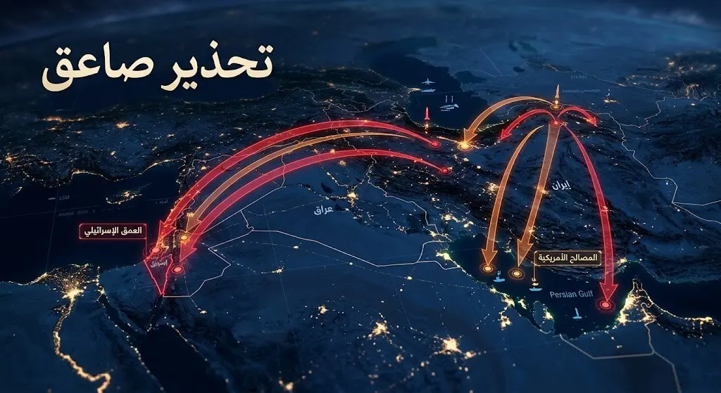 خريطة تكتيكية ليلية تظهر مسارات التهديدات الإيرانية باتجاه المصالح الأمريكية والعمق الإسرائيلي