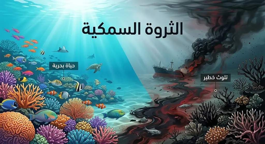 تصميم بصري يعكس التناقض بين الحياة البحرية الغنية في البحر الأحمر ومخاطر التلوث الكيميائي الذي يهدد الثروة السمكية.