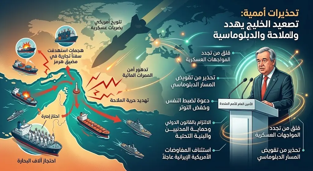 تحذيرات أممية من تداعيات الهجمات في الخليج واحتجاز آلاف البحارة وسط تلويح أمريكي بضربات عسكرية