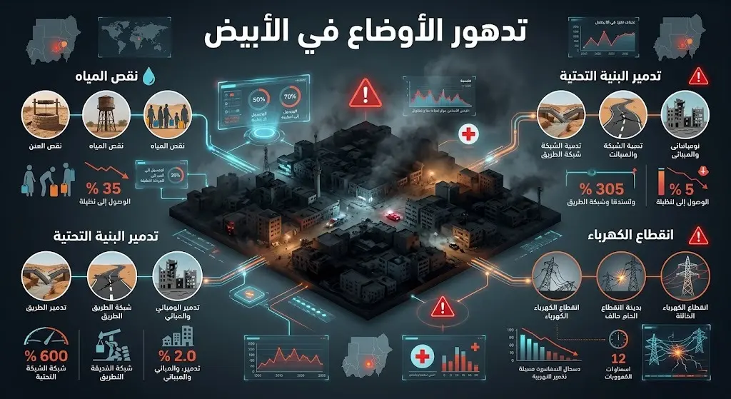 إنفوجرافيك يوضح التدهور الإنساني وتدمير البنية التحتية والمرافق الأساسية في مدينة الأبيض السودانية وسط ظروف الحصار.