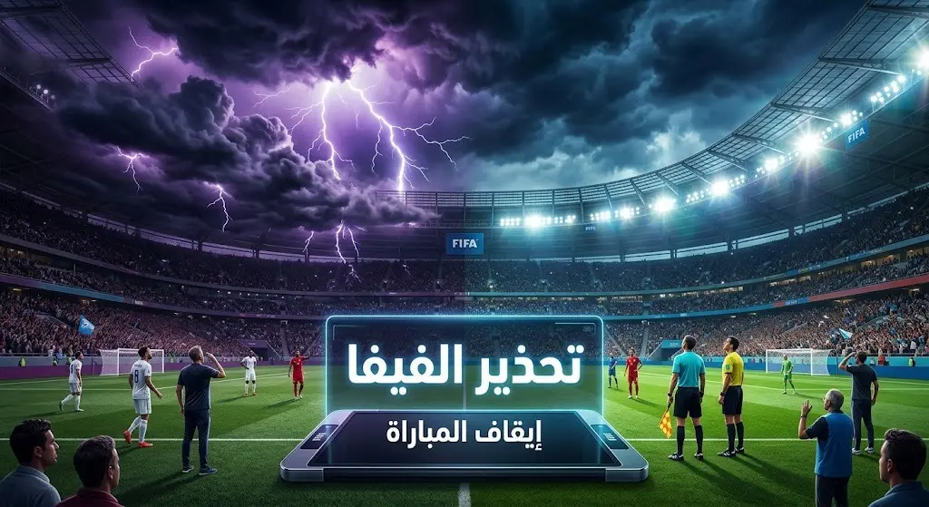 مشهد درامي لملعب كرة قدم تلوح في أُفقه عواصف رعدية عنيفة مع لوحة رقمية تبرز تحذير الفيفا.