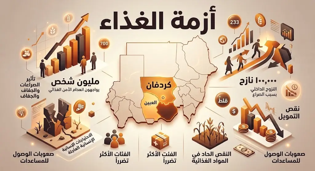 إنفوجرافيك تحليلي يعرض إحصائيات أزمة الغذاء والنزوح في السودان مع إبراز أعداد المتضررين ونقص التمويل الإغاثي.