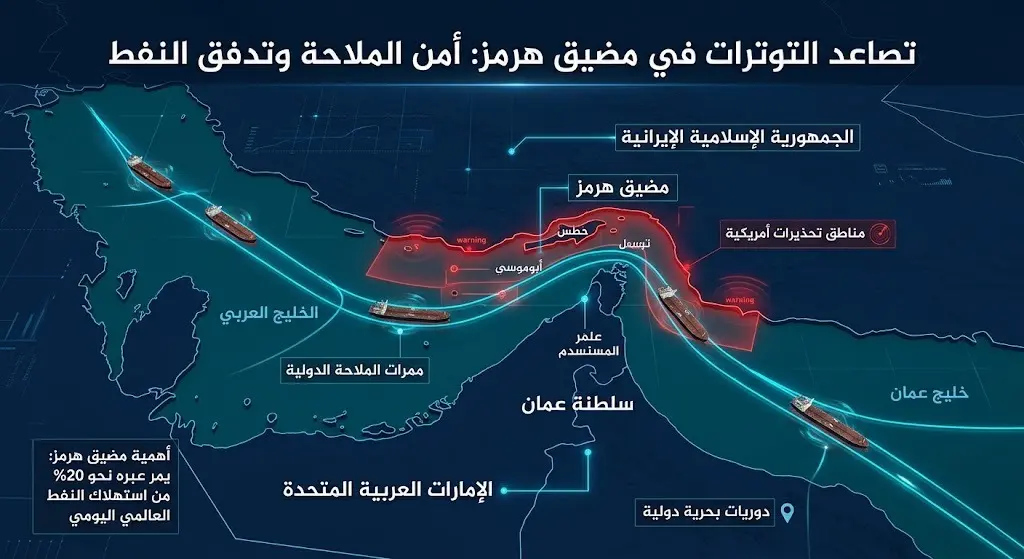 تصميم ثلاثي الأبعاد لمضيق هرمز يبرز مسارات الملاحة البحرية للناقلات مع مؤشرات تحذيرية تعكس التوترات الأمنية.
