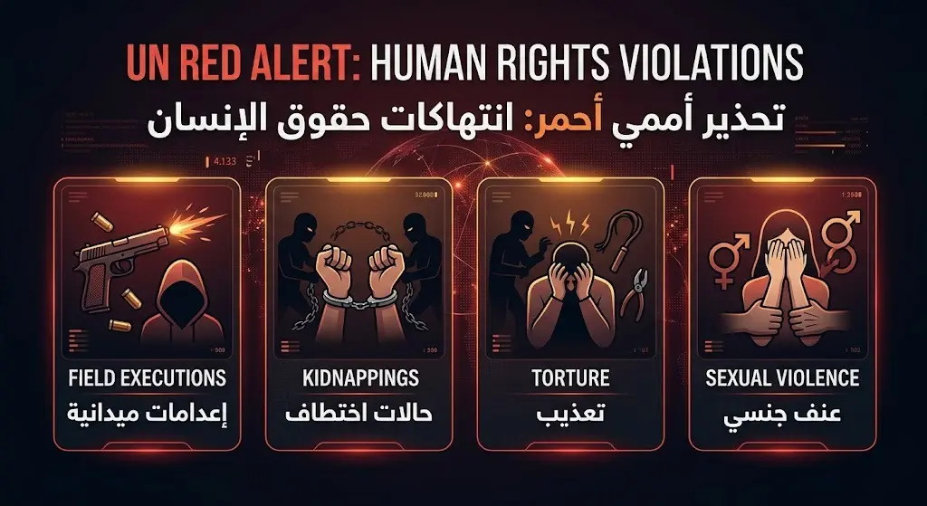 إنفوجرافيك يوضح التحذيرات الأممية والانتهاكات الأربعة الموثقة في مدينة الأبيض، والتي تشمل الإعدامات الميدانية، الخطف، التعذيب، والعنف الجنسي.