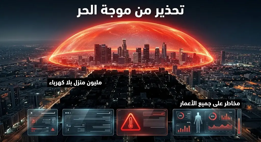 تصميم إنفوجرافيك ومشهد تعبيري يوضح تحذيرات السلطات من القبة الحرارية الشديدة وانقطاع الكهرباء عن مليون منزل، مصحوباً بنصوص عربية توضيحية.