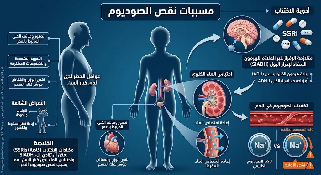 إنفوجرافيك طبي يوضح أسباب نقص الصوديوم في الدم وارتباطه ببعض أدوية الاكتئاب لدى كبار السن