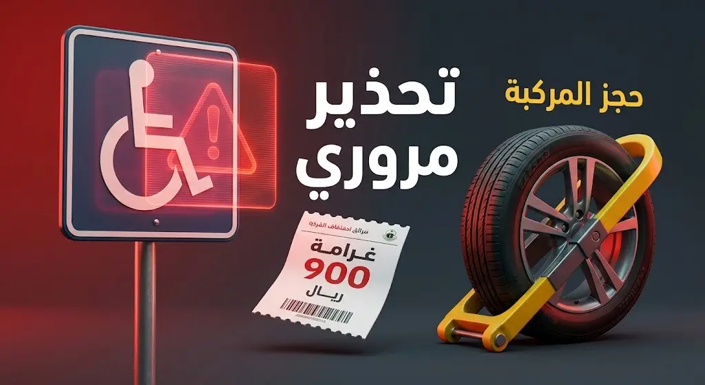 رسم تعبيري يحذر قائدي المركبات من التعدي على مواقف ذوي الإعاقة، مبرزاً عقوبة الغرامة التي تصل إلى 900 ريال وإجراء حجز المركبة