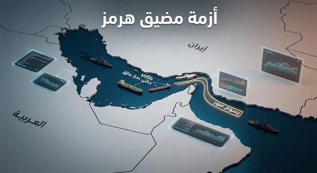 إنفوجرافيك تعبيري يجسد الأزمة الملاحية في مضيق هرمز، يظهر خريطة المضيق والسفن العالقة مع نصوص عربية دقيقة توضح التهديدات المتبادلة وأعداد البحارة المحتجزين.