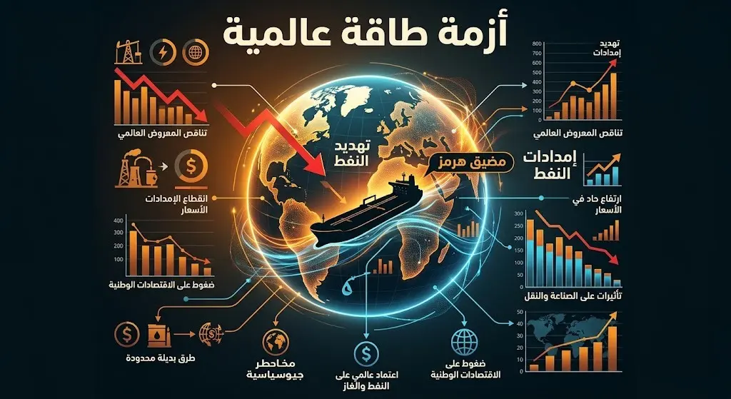 إنفوجرافيك تعبيري يبرز تأثير التوترات في مضيق هرمز على الإمدادات وتصاعد مؤشرات أزمة الطاقة العالمية.