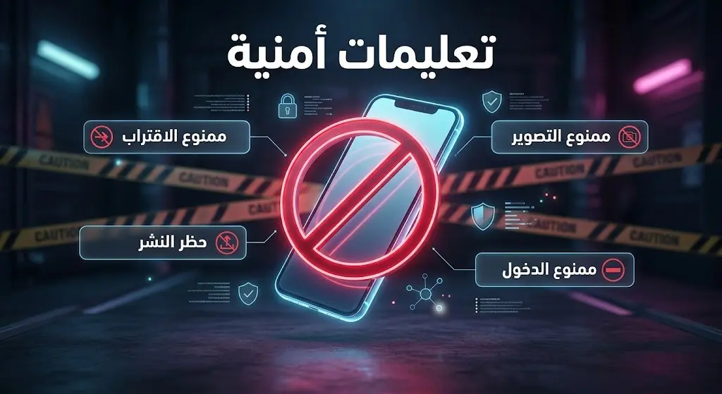 تصميم تحذيري يبرز تعليمات منع الاقتراب من مواقع سقوط الشظايا وحظر التقاط أو نشر الصور والمقاطع.