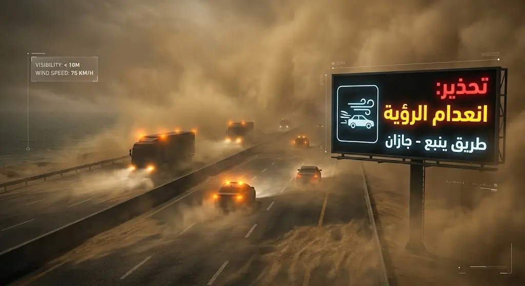 مشهد تعبيري واقعي يظهر طريقاً ساحلياً تغطيه عاصفة رملية كثيفة تحجب الرؤية، مع سيارات تضيء أنوار الخطر، ولوحة إرشادية رقمية مضيئة تحمل تحذيراً باللغة العربية لانعدام الرؤية على طريق ينبع - جازان.
