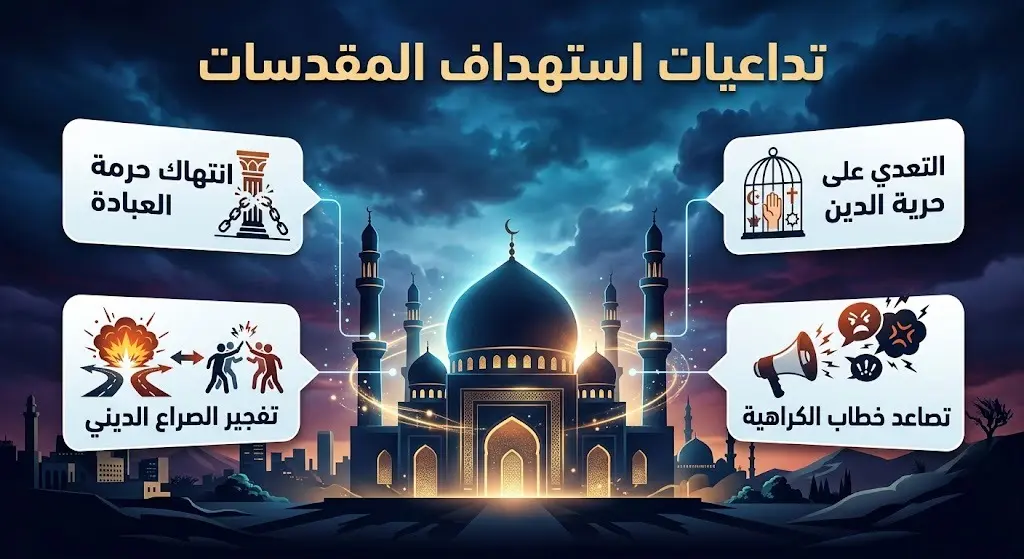 تصميم مرئي يستعرض التحذيرات الأربعة الرئيسية والمخاطر المترتبة على استهداف الأماكن المقدسة